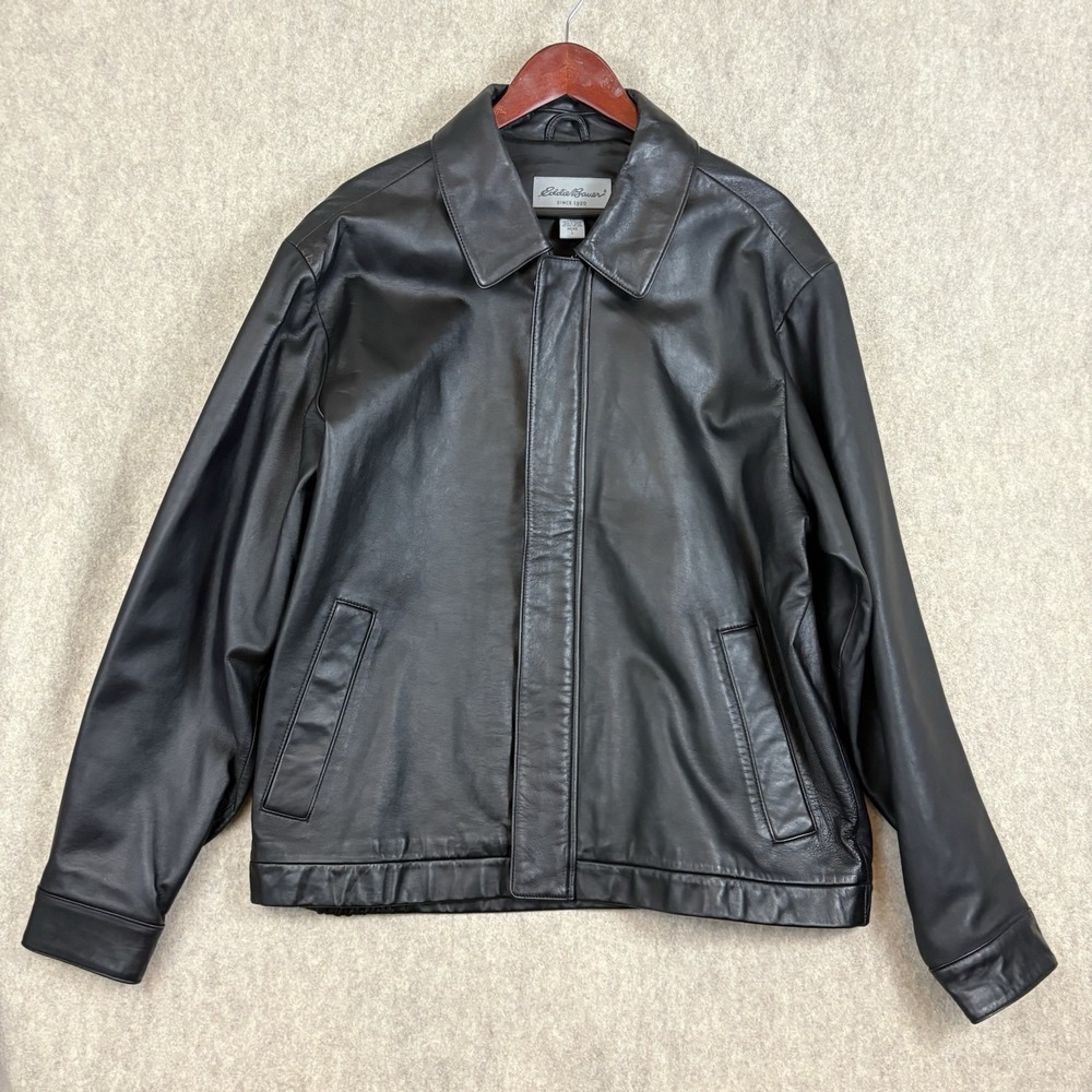 Eddie Bauer Men's L Black Lambskin Leather Jacket Bomber Blouson Full Zip